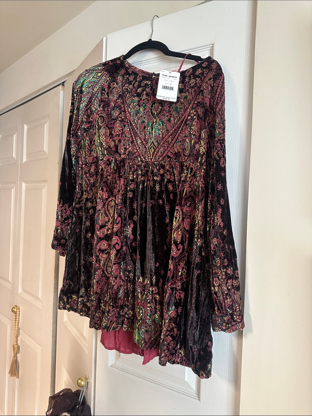 Free People Velvet Paisley Tunic in Burgundy with Multicolor Accents
